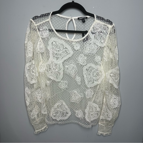 Express Tops - Express Lace Embroidered Mesh Long Sleeve Top White
